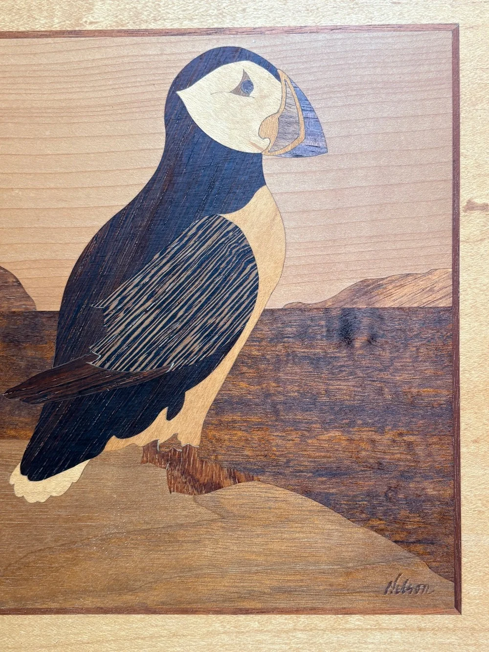 Hudson River Inlay Wood Marquetry Puffin Jeff Nelson 16” x 13”